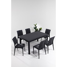 Rattan 90 x 150 cm 6 Kişilik Bahçe Masa Takımı-Antrasit Siyah