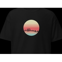 Wildstyle Retro Gün Batımı Bisiklet Vintage Doğa Yol Bisikleti Baskılı Unisex Bisiklet Yaka Pamuklu Tişört Siyah
