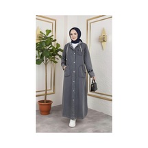Hb Harma Time Butik Kadın Cepli Düğmeli Kapüşonlu Denim Koyu Gri Trençkot Gri Gri