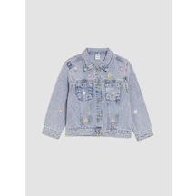 LC Waikiki Lcw Kids Mavi Gömlek Yaka Nakışlı Kız Çocuk Jean Ceket Lıght Blue Acıd