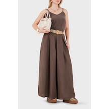 Via Dante Relaxed Fit Yüksek Bel Bol Paça Keten Pantolon Bayan Pantolon 7544 Kahve