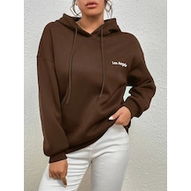 Kahverengi Los Angeles Baskı Oversize Kapüşonlu Sweatshirt Kahverengi