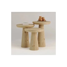 Wood Wooden 3 Lü Set Fitilli Mantar Yan Sehpa Modern Ahşap Renk