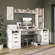 Mode Kitaplıklı Ve Raflı Çalışma Masası , Raflı Monitör Standlı Çalışma Ofis Masası , Bilgisayar Masası, 2 Adet 3 Çekmeceli Kesonlu Çalışma Masası Mat Beyaz