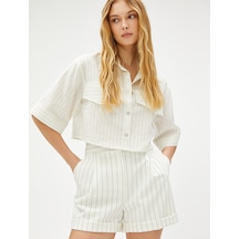 Koton Oversize Crop Gömlek Cep Detaylı Beyaz Çizgili 3sak60524uw 3SAK60524UW10N Beyaz