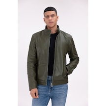 M M Marki Marki Hakiki Deri Erkek Ceket Haki Dik Yaka Fermuarlı 67 Cm - 507822