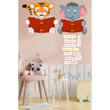 Kitap Okuyan Sevimli Fil ve Kaplan Anaokulu Çocuk Odası Duvar Sticker Seti - İngilizce Aylar Hediye