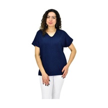 Kadın Yarım Kol V Yaka Taşlı Likralı Tişöt Bgl-st04653 Lacivert