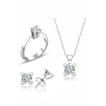 Sertifikalı Swarovski Taşlı Klasik Tek Taş 925 Gümüş Set Takım