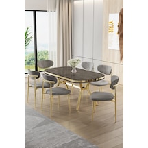 Canisa Olya Serisi 90x168 Lak Panel Antrasit İroni Masa Takımı Gold Ayaklı 6 Gri Sandalye Antrasit İroni Masa Gri Sandalye