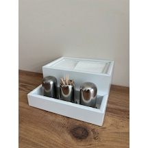 Mimoza Baharatlık Bölmeli Ahşap Masaüstü Peçetelik 6 Adet Restaurant Dispenser Beyaz Baharatlıklar Hariç
