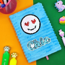 Peluş Pullu Not Defteri 20x13 Cm , 60 Yaprak, Kalpli Gülenyüz - Mavi