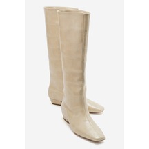 Luvi Shoes Lyrıc Bej Baskı Kadın Kalın Topuklu Çizme