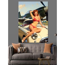 Ahşap Tablo Pin-up Kız Ve Retro Araba