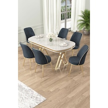 Canisa Lai Serisi 90x168 Lak Panel Beyaz Mermer Desen Gold Ayak Masa Takımı 6 Antrasit Sandalye Masa Beyaz Mermer Desen Sandalye Antrasit