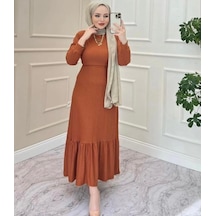 Lovie Moda Kadın Eteği Volanlı Elbise Taba