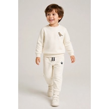 Rony Pony Kids Erkek Çocuk Krem Dinozor Nakışlı Pamuklu 2 İplik Sweatshirt Ve Lastik Paçalı Eşofman Takımı