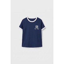 Parlament Omuz Biye Detaylı Baskılı Kız Çocuk T-shirt - 75181 Lacivert