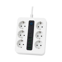 6 Priz + 4 Usb Çıkışlı Akıllı Çoklu Priz - Aç/kapa Anahtarlı, Hızlı Şarj Destekli, 3680 Watt, Ev & Ofis Kullanımı Siyah