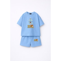 Fasardi Super Bear Adventure Süper Ayı Baskılı Oversize %100 Pamuk Kısa Kollu Unisex Çocuk T-shirt Mavi