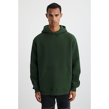 Grimelange Cartmel Erkek Organik Kumaşlı İçi Polarlı Yumuşacık  Kanguru Cepli Kapüşonlu Koyu Yeşil Sweatshirt