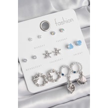 Pirinç Gümüş Renk İncli Zirkon Taşlı Halka Figür Yıldız Detay 7 Çift Kadın Küpe Seti Çok Renkli