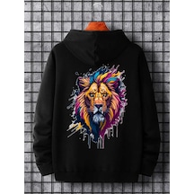 Startmore Adrift Unisex Kadın/erkek Siyah Aslan Sırt Baskılı Oversize Kapüşonlu Sweatshirt Siyah