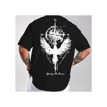 Caddemia Yaz Moda Rahat Gevşek Büyük Pusula Haritası Kuş Desen Baskılı Yuvarlak Yak Siyah 2XL