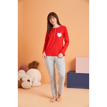 Pjs Kadın Anne-kız %100 Pamuklu Kalpli Desenli Çizgili Uzun Kollu Pijama Takım Kırmızı