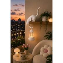 Dekoratif Kedi Raf Süsü Ve Led Fener Seti 24cm Modern Masa & Duvar Dekoru Beyaz