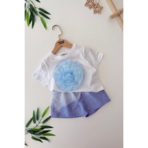 Miniğimin Cicileri Batik Gül Detaylı Taşlı Kız Çocuk Şortlu 2 Li Takım - Mavi