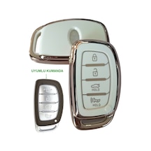 Hyundai Tucson Bayon Elantra Uyumlu Smart Kumanda Anahtar Kılıfı Oto Anahtarlık 4 Tuşlu Beyaz Gold