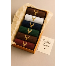 Premium Unisex Geyik Nakışlı Kadın Erkek Çorap 6 Lı Set Yazlık Kışlık Pamuklu Çorap Kutulu Çok Renkli