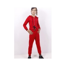 Toontoy Kids Toontoy Kız Çocuk Kapüşonlu Fermuarlı Cepli Örme Uzun Kol Uzun Tulum - Bağcık Detaylı & 2 İplik Kırmızı