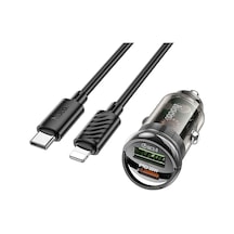 Hoco Z53a Vision Pd30w Type-c + Usb Qc3.0 Girişli Araç Çakmaklık Hızlı Şarj Aleti + Type-c To İphone- 5775 Standart