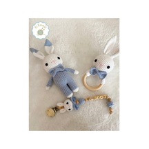 Yenidoğan Amigurumi Örgü Tavşan Diş Kaşıyıcı Ve Emzik Zinciri 3'lü Bebek Hediye Seti - Mavi