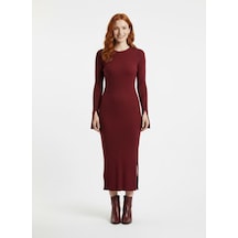 Neden Tekstil Bordo Kadın Triko Uzun Elbise Yırtmaçlı Kol Detaylı