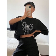 Wear Vexel Kadın Fiyonk Baskılı T-shirt Kısa Kol Bisiklet Yaka Oversize Tişört - Siyah Çok Renkli