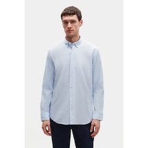 D'S Damat Ds Damat Comfort Mavi Düğmeli Yaka Rahat Kesim Keten Görünümlü %100 Pamuk Gömlek 2hc02ort64265 Mavi