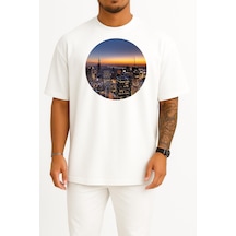 Bahriyeli Collection Oversize Los Angeles Şehir Merkezi Göğüs Tasarımlı Unisex T-shirt Beyaz