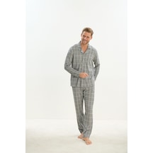 Sevim Erkek Uzun Kol Gömlek Yaka Önden Düğmeli Gri Pijama Takım C1t4n5o9 001