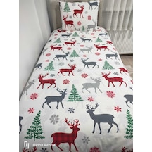 Lionas Tek Kişilik Ranforce Kumaş Lastiksiz Çarşaf Takımı Yılbaşı Desen Beyaz