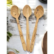 F&amp S Woodart 3 Adet Edremit Zeytin Ağacı Doğal Ahşap El Yapımı Tahta Kaşık Yemek Kaşığı 29 Cm Tencere Ka Diğer
