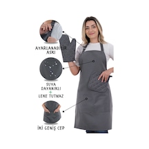 Simple 3lü Set Ayar Askılı Mutfak Önlüğü Seti Eldiven, Tutacak Füme