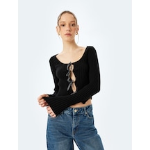 Koton Fiyonklu V Yaka Slim Fit Crop Triko Hırka Siyah 5sal90020ht Siyah