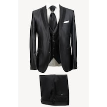 Ysf Erkek Siyah Yelekli Şal Yaka Slim Fit Damatlık