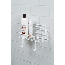 Tekli Beyaz Yapışkanlı Banyo Rafı + 2 Li Askı Kanca Seti Paslanmaz Metal Duş Şampuanlık Yapıştır/vidala Tş-01 Beyaz