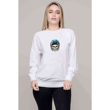 Skull With Blue Helmet Baskılı Beyaz Kadın Sweatshirt