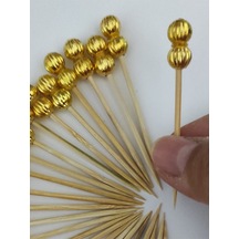 25 Adet Dekoratif Gold Çizgili Çift İnci Boncuklu Pasta Kürdanı 6,5 Cm - Boncuk 8 Mm