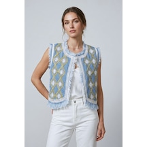 Saade Sââde Kadın Bisiklet Yaka Zincir Nakışlı & Saçaklı Denim Crop Yelek Mavi